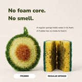 The avocado scrubber beside a cut-open kitchen sponge, showing it has no foam core