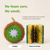 The kiwi scrubber beside a cut-open kitchen sponge, showing it has no foam core