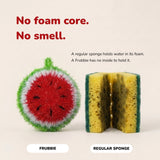 The watermelon scrubber beside a cut-open kitchen sponge, showing it has no foam core