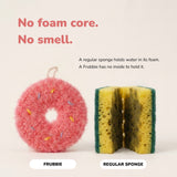The donut scrubber beside a cut-open kitchen sponge, showing it has no foam core
