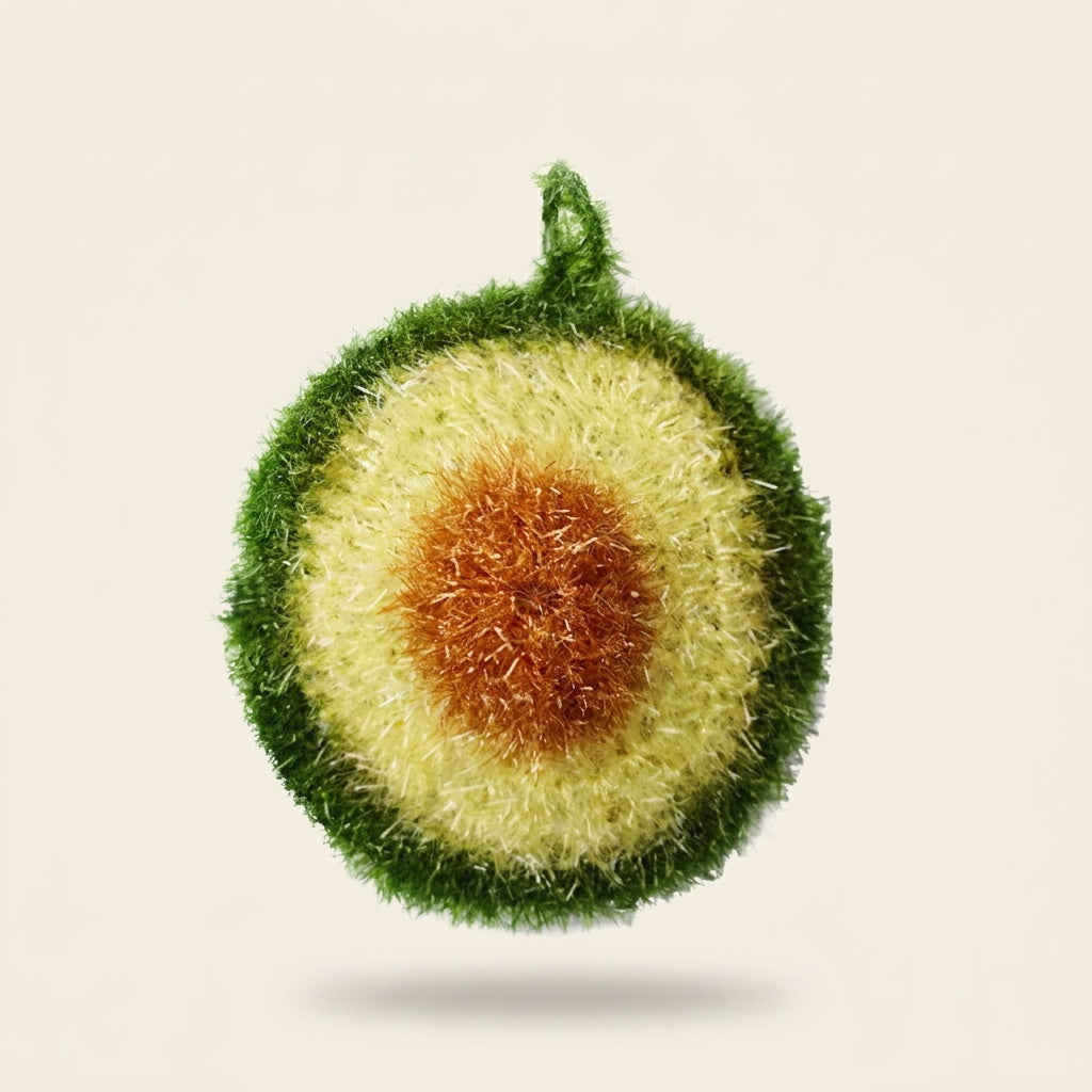 Guacomo avocado-shaped kitchen scrubber with a brown scrubbing pit in the centre