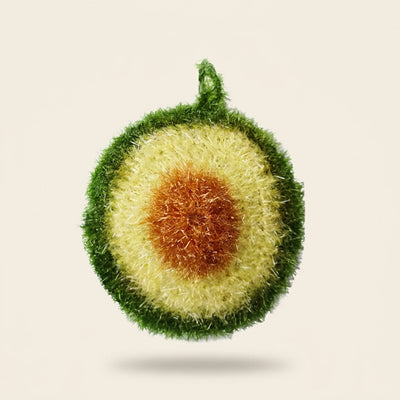 Guacomo avocado-shaped kitchen scrubber with a brown scrubbing pit in the centre