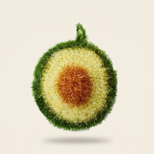 Guacomo avocado-shaped kitchen scrubber with a brown scrubbing pit in the centre